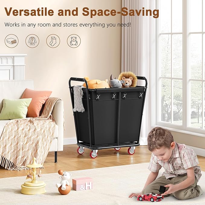 Hoctieon Large Laundry Cart with Wheels, 300L Heavy Duty Laundry Basket Organizer, Rolling Hamper Sorter for Clothes Storage, Industrial Dirty Clothes Hamper for Home & Hotel, Black