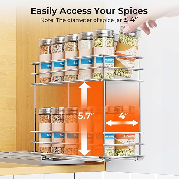 Pull Out Spice Rack Organizer for Cabinet, Slide Out Spice Racks, Easy to Install, 4.33" Wx10.43 Dx8.66 H, 1 Drawer 2 Tiers(Silver)