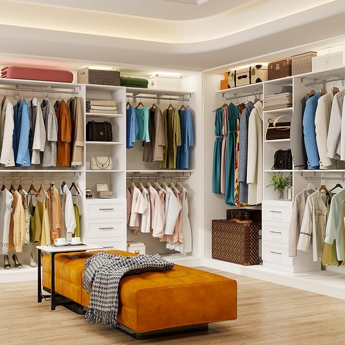 Closet System with Drawers, 5FT-8FT Closet Organizer System with Shelves & Expandable Hanging Rods, 96" Walk in Storage Closet System Wood, White