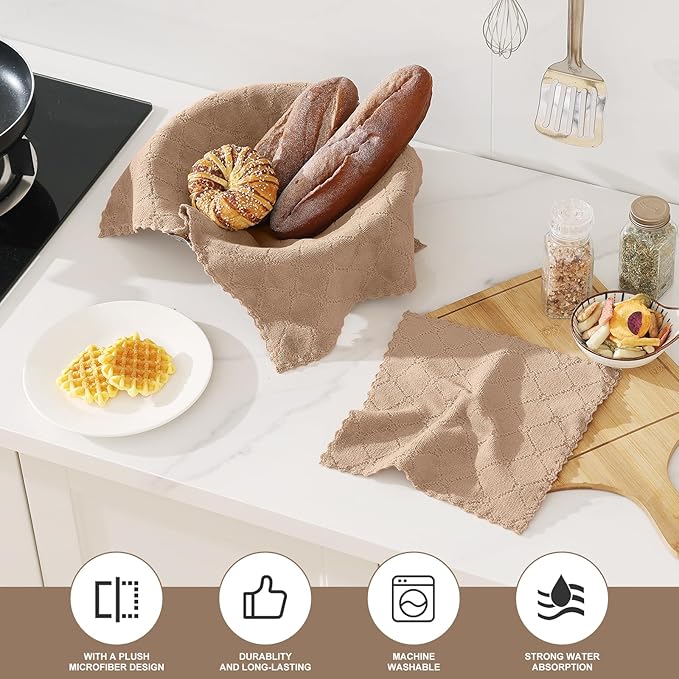 Homaxy Kitchen Towels and Dishcloths Set, 10 x 10 and 13 x 19 Inches, Set of 12 Super Soft and Absorbent Coral Velvet Kitchen Towels, No Lint and Nonstick Oil Fast Drying Dish Towel, Tan