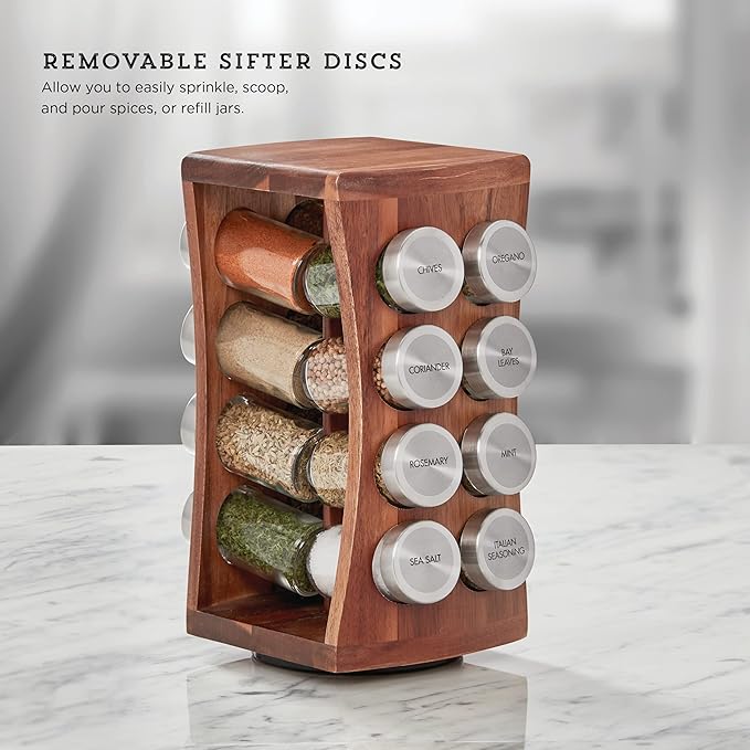 Kamenstein 16 Jar Hourglass Revolving Countertop Spice Rack with Spices Included, FREE Spice Refills for 5 years, Acacia with Stainless Steel Caps,Brown (Pack of 2)