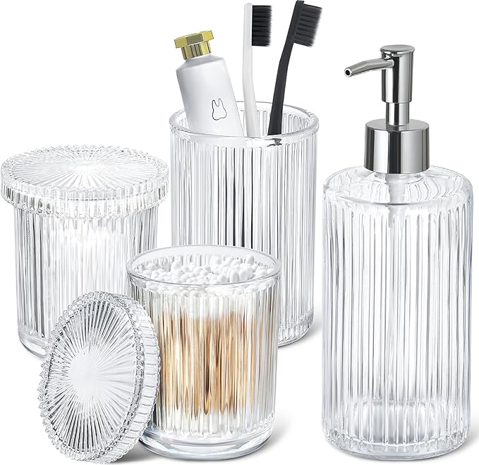 Bathroom Accessories Set, 4 Pack Clear Glass Bath Accessory Sets Complete, Ribbed Soap Dispenser and Toothbrush Holder Set with 2 Qtip Holders, Modern Sliver Bathroom Counter Decor
