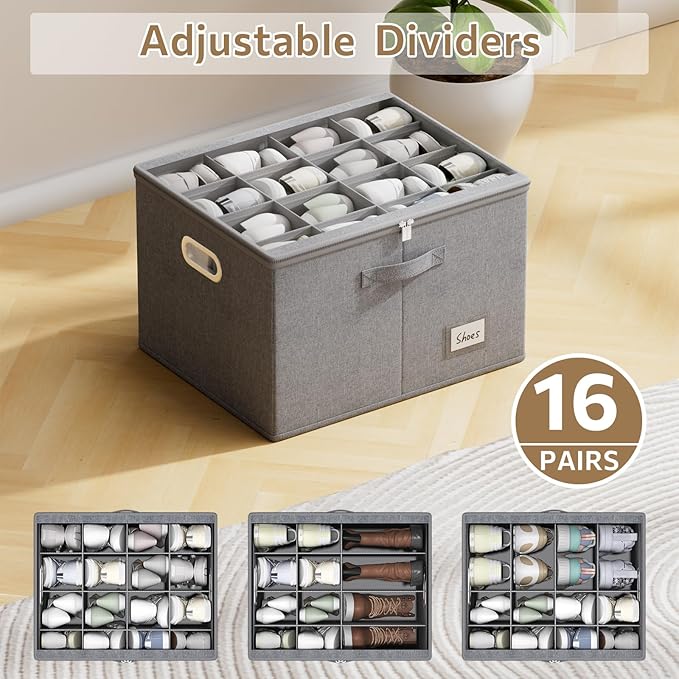 Shoe Organizer for Closet, Large Shoe Box Storage Containers with Clear Window, Space Saving Shoe Bin with Foldable Bottom Support Adjustable Dividers - Fits 16 Pairs (Grey, (19.7*15.7*13)x1)