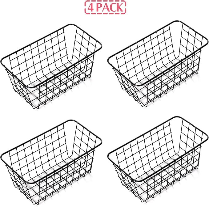 4 Pack Wire Storage Baskets Household Metal Wall-Mounted Containers Organizer Bins for Kitchen Bathroom Freezer Pantry Closet Laundry Room Cabinets Garage Shelf, Medium