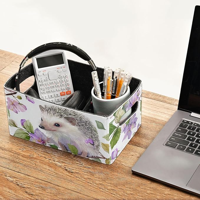 Closet Storage Bins 2 Pcs Felt Open Home Storage Containers Organizer with Handles Collapsible Shelf Basket for Home Office Craft Room Classroom Fabric Hedgehogs Flowers Purple