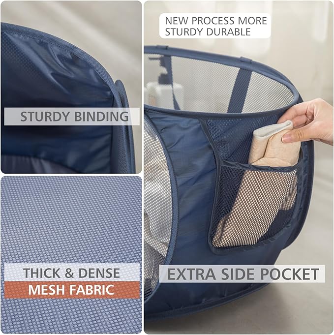 HONOMA Sturdy Mesh Laundry Hamper Basket Bag,Pop up Basket with Side Pocket for Laundry Room, Bathroom, Kids Room, College Dorm or Travel (Pop Horizontal, Grey + Grey)