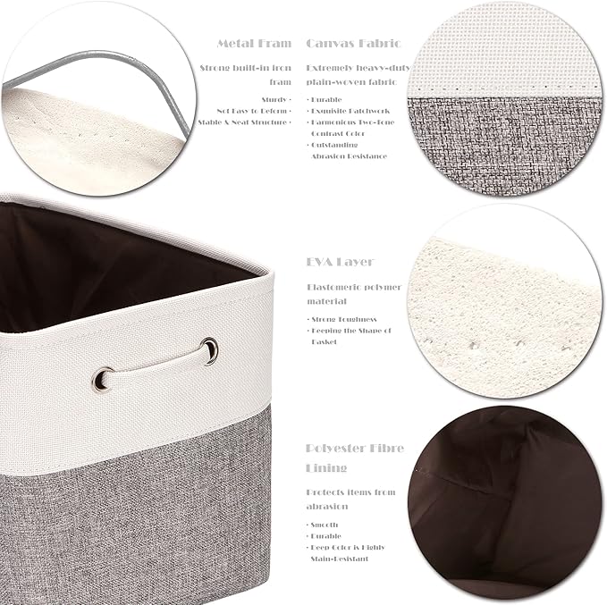 Sea Team 3-Pack Large Storage Basket Set, Trunk Organizer, Clothes Toys Bin, 15 x 10 x 10 Inches, Big Rectangular Canvas Fabric Collapsible Shelf Box with Handles for Kids Room (Grey/White)