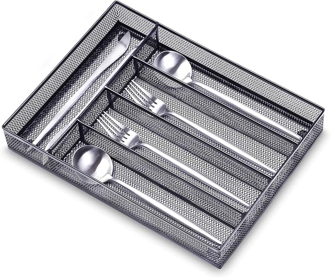 WuGeShop Silverware Drawer Organizer Black, Kitchen Drawer Organizer Metal Mesh Utensil Tray Non-Slip Cutlery Tray, 5 Compartments