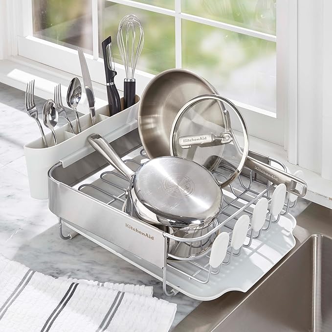 KitchenAid Compact Satin Wire Rust Resistant, Expandable Dish Rack with Angled Self Draining Drainboard with Removable Flatware Caddy, 23.18-Inch, Gray