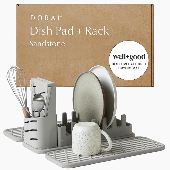 Dorai Home Collapsible Dish Drying Rack and Stone Pad – Foldable Rack with Instant - Dry Stone Mat – Space-Saving Dish Drainer for Kitchen Counter -19.9" x 15.2" (Sandstone)