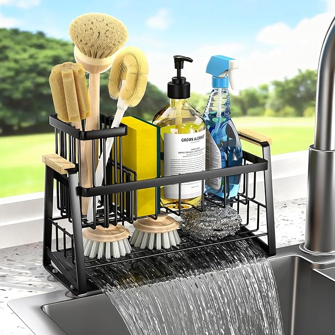 Housolution Sponge Holder for Kitchen Sink, 2-Tier Sink Caddy Organizer with Flexible High Brush Holder, Kitchen Countertop Storage Accessories, Soap Dispenser Organizer, Rustproof