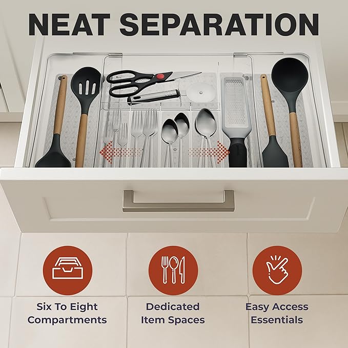 Masirs Expandable Utensil Drawer Organizer - BPA-Free Plastic Clear Silverware Tray with Multiple Compartments - Non-Slip Cutlery Storage for Kitchen, Bathroom, or Office Drawers (Grey)