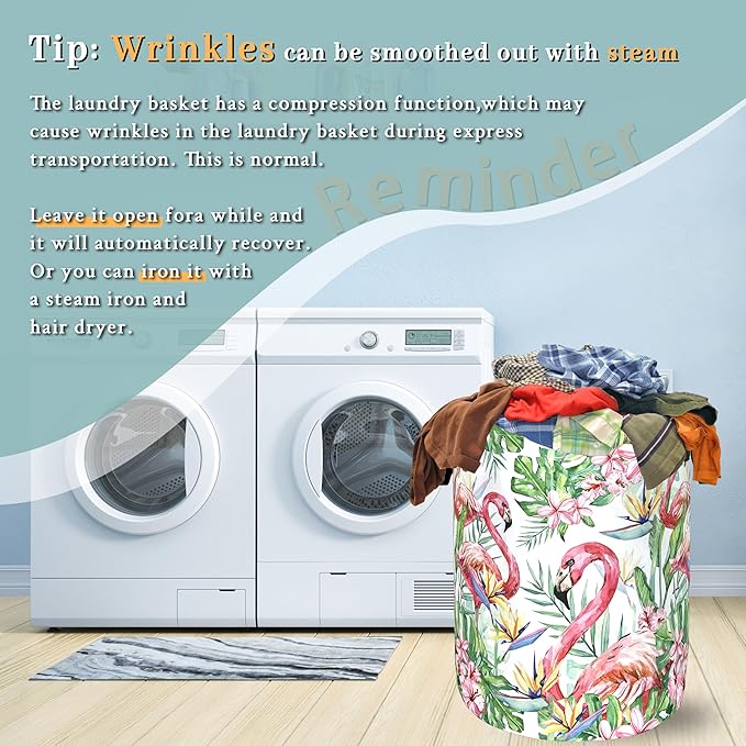 Pink Flamingo Laundry Basket Tropical Leaves Pink Floral Hamper Foldable Oxford Cloth Birds Colorful Tote Bag Clothes Toy Storage Bucket For Bathroom/Laundry Storage/Bedroom 18.9 x 16.5 Inch