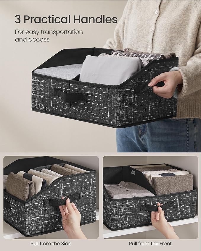 SONGMICS Set of 6 Storage Baskets, Foldable Storage Bins with Removable Dividers, Fabric Boxes, 15.7 x 11.8 x 7.9 Inches, Closet Organizers, 3 Handles, for Living Room, Ink Black URFB0140B01