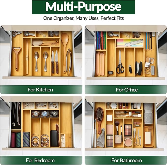 DAVIDOK Expandable Bamboo Drawer Organizer for Kitchen - 8 to 10 Slots Large Silverware Organizer for Utensils, Cutlery, Flatware & Kitchen Gadgets | Multiple Use, Non-Slip Feet Included