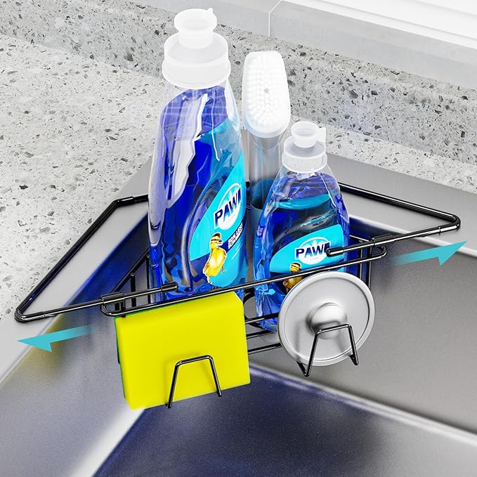 NiHome Extendable Arm Stainless Steel Kitchen Sink Corner Caddy, Easy Install Space-Saving Adjustable Sponge Holder, Non-Slip Rust-Resistant for Brushes, Soap, Sponges (Black)