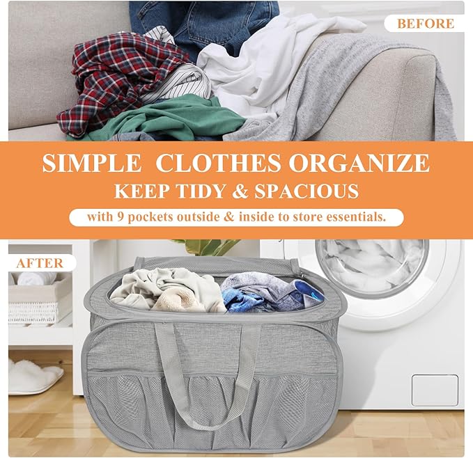4 Pack Collapsible Laundry Baskets with Lid, Foldable Laundry Basket with Pockets, Pop Up Laundry Hamper with Dual Handles, 99L Sturdy Hampers for Clothes, Groceries, Supplies, Tools, Grey