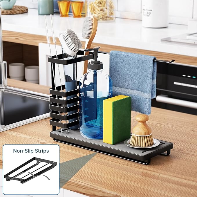 NiHome Multifunctional Kitchen Sink Caddy Organizer with Elevated Brush Holder, Quick-Drying Diatomaceous Earth Base Space-Saving Storage for Detergent Bottles, Sponges, Small Accessories