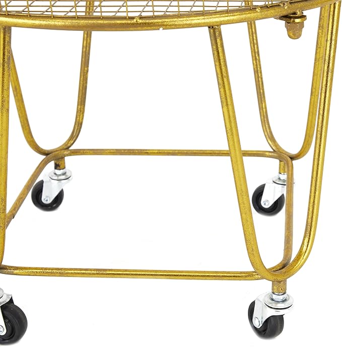 Deco 79 Metal Storage Cart Deep Set Metal Mesh Laundry Basket with Wheels, 16L x 16W x 24.95H, Gold