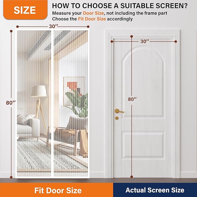 Magnetic Screen Door,Self Sealing Magnets, Easy Install Screen Doors with Magnets,Pet & Kid Friendly- Fits Doors up to 36 x 80 Inches White