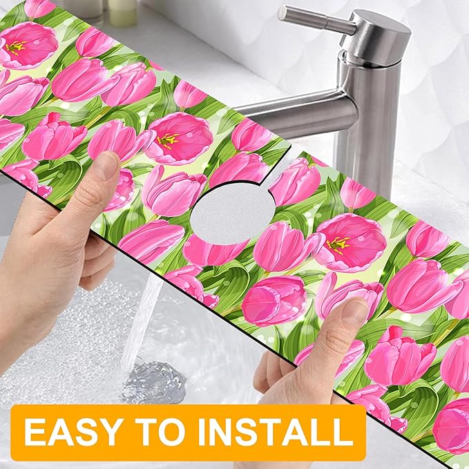 2 Pack Watercolor Tulips Sink Faucet Absorbing Mat Pink Tulips Super Absorbent Fast Drying Mat Sink Gadgets Behind Faucet Sinkmat for Kitchen Bathroom, 23.5"x5.5"