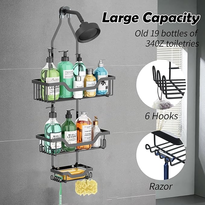 Shower Caddy Hanging, Rustproof Shower Organizer with Soap Basket and 12 Hooks, Large Capacity Anti-Swing Bathroom Organizer, Black