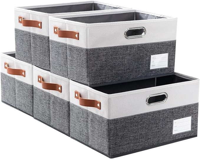 PRANDOM Larger Foldable Storage Bins with Handles [5-Pack] Fabric Collapsible Storage Boxes Baskets Cubes Containers with Handles for Closet Living Room Bedroom (Grey & White 17.3x12.2x10.4')