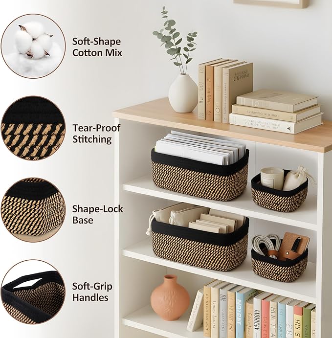 5-Pack Small Woven Rope Storage Baskets – 2 Sizes Organizer Bins for Closet, Shelf, Bookshelf, Nursery, Changing Table, Fabric Cube Boxes, Rectangular Shallow Bins for Bathroom, Toy & Home