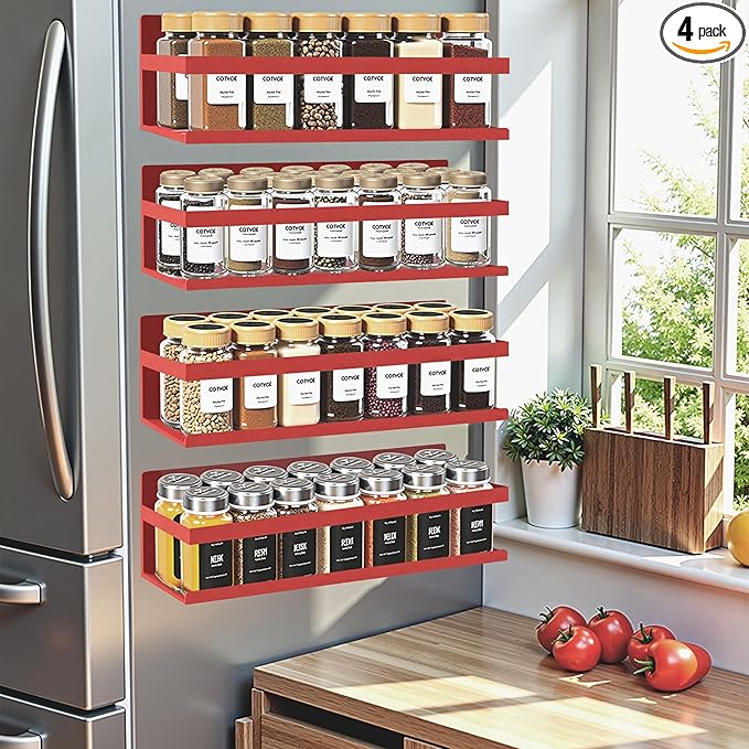 Magnetic Spice Rack for Refrigerator Seasoning Organizer for Spice Fridge Shelf storage Magnetic Shelf with Hook for Oven (4pack-Cut out-Red)
