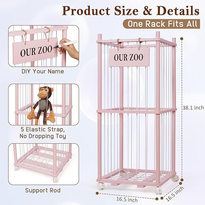 Stuffed Animal Storage Zoo, Wooden Stuffed Animal Organizer with Removable Wheels & 5-Row Elastic Cords, Space-Saving Plush Toy Storage Holder for Playroom, Bedroom, Nursery