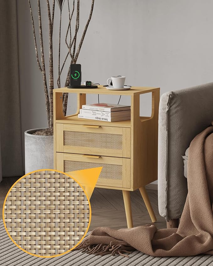 Veegle Rattan Nightstand with Charging Station,Modern Bedside Table with 2 Storage Drawer and Open Wood Shelf, for Bedroom and Small Spaces,Night Stand with Solid Wood Legs (Yellow Oak)