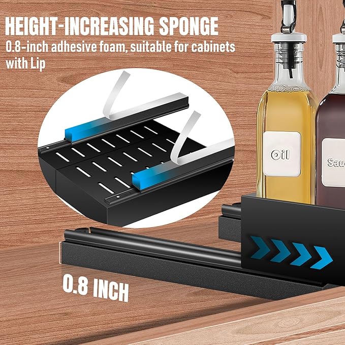 Pull Out Spice Rack Organization for Cabinet, Slide Out Expandable Spice Organizer, Adjustable Spice Cabinet Organizers, Cabinet Size Need: 2.4" Highx10.6" Deepx(6" to 8.2")Wide, Hold 20 Spice Jar