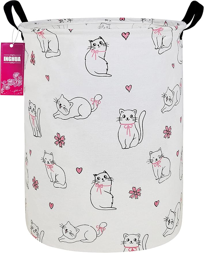 Laundry Hamper Large Canvas Fabric Lightweight Storage Basket/Toy Organizer/Dirty Clothes Collapsible Waterproof for College Dorms, Boys and Girls Bedroom,Bathroom(Love cat)