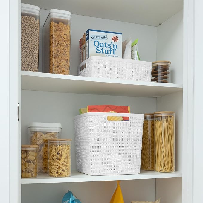 Curver Set of 4 Large Cube 17L Jute Decorative Plastic Organization and Storage Baskets - Perfect Bins for Home Office, Closet Shelves, Kitchen Pantry and All Bedroom Essentials, White