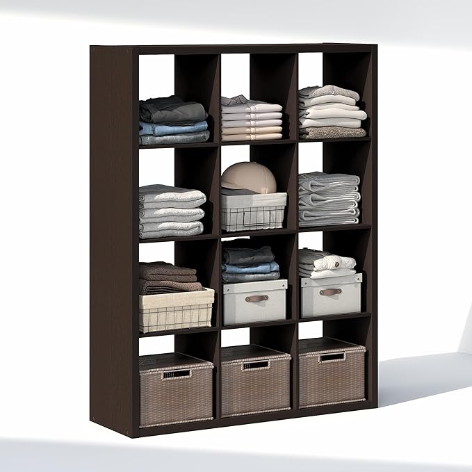 Furinno Cubic Closet Organizers and Storage, 12-Cube Closet Organizer, Open Shelf Closet Storage, Extra Thick Frame for Wardrobe, Bedroom, Living Room, Dark Oak