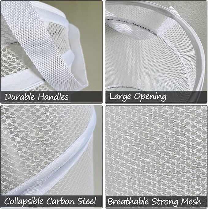 BATTOO 2 Pack White Large Collapsible Laundry Basket Foldable Mesh Pop Up Hamper with Handles for Laundry Room, Bathroom, Kids Room, College Dorm, Travel, Camping, Gift Basket