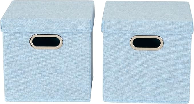 Household Essentials 816-1 Café Cube Bin Storage Set with Lids and Handles | 2 Pack, Baby Blue Linen