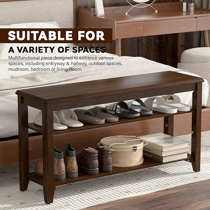 Taitiy Shoe Bench Storage Rubberwood, Entryway Bench with 3-Tiers Height Adjustable, Shoe Rack Front Door Entrance Organizer for Hallway Living Room, Mudrooms, Walnut,31.5"
