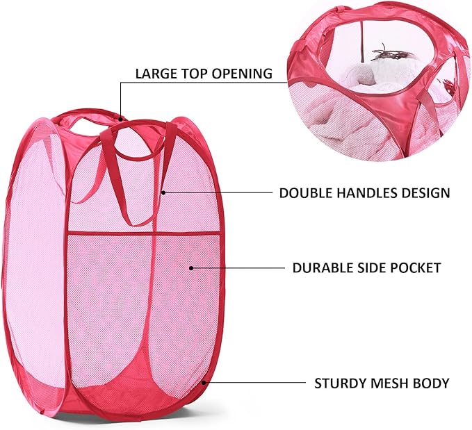 TECHMILLY Collapsible Mesh Pop Up Laundry Hamper with Sturdy Handles and Side Pocket - Portable Foldable Clothes Baskets for Dorm, Bathroom & Travel Storage (Pink, 2 Packs)