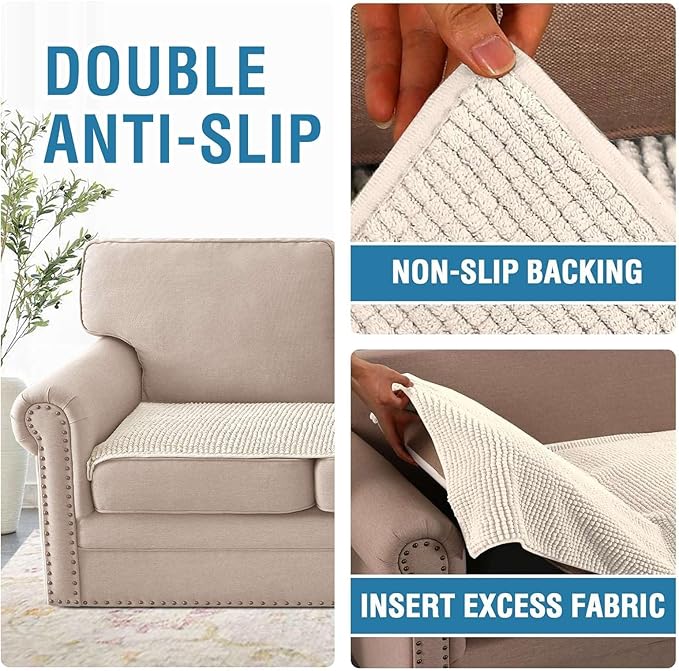H.VERSAILTEX Plush Chenille Couch Cover for 3 Cushion Couch Anti Slip Washable Sofa Slipcovers Soft and Durable Furniture Protector for Dogs Cats Kids (27.5" x 59", Ivory)