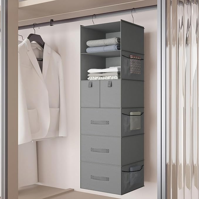 6-Shelves Hanging Closet Organizer with 5 Different Drawers, Foldable Closet Organizers and Storage for Wardrobe, Closet& RV, Clothes and Accessories Storage, Non-Woven Fabric, Gray