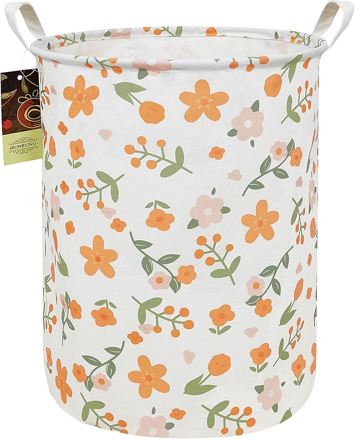 HUNRUNG Laundry Hamper,Large Canvas Fabric Lightweight Storage Basket Toy Organizer Dirty Clothes Collapsible Waterproof for College Dorms（Round-Orange Flower）