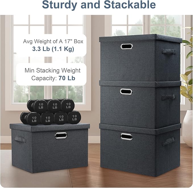 Graciadeco Large 17" 36 Quart Collapsible Stackable Storage Bins with Lids, 5 Packs Dark Gray Foldable Fabric Closet Storage Boxes with Lids Heavy-duty Linen Cube Baskets(17 x 12 x 11)