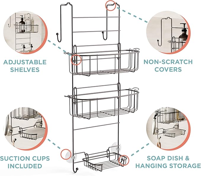 Zenna Home Shower Caddy Hanging Over the Shower Door Organizer, Stainless Steel Rack with 2 Shelves and Built in Hooks, Bathroom Organizer Shelf for Inside Shower, Heritage Bronze