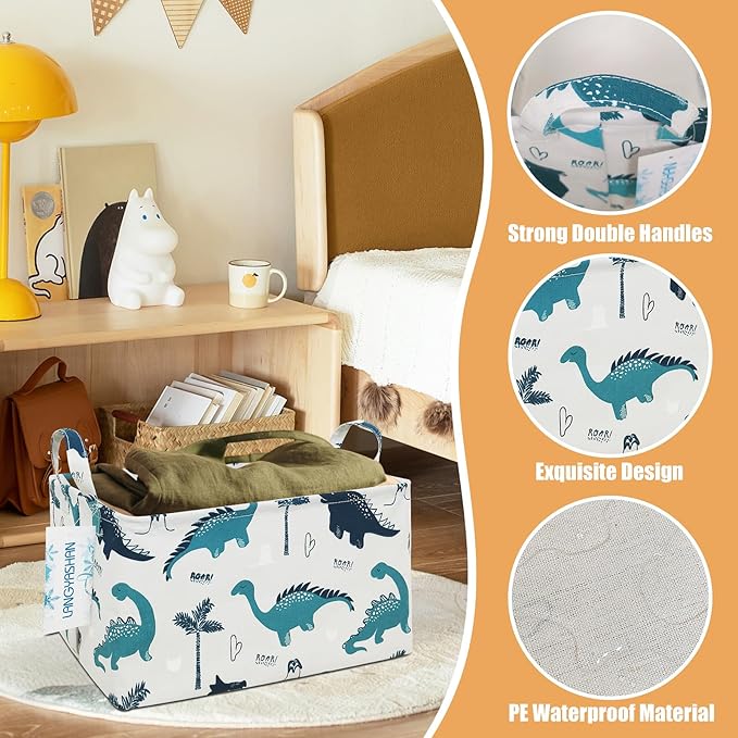 LANGYASHAN Rectangular Storage Bin Collapse Canvas Fabric Cartoon Storage Basket with Handles for Organizing Home Kitchen Boys and Girls Toys Office Closet Shelf Baskets (Rec green dinosaur)