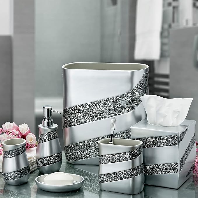Creative Scents Silver Mosaic Toothbrush And Toothpaste Holder For Bathroom - Decorative Bathroom Toothbrush Holder, Family Toothbrush Cup With One Large Opening To Hold Multiple Toothbrushes At Once