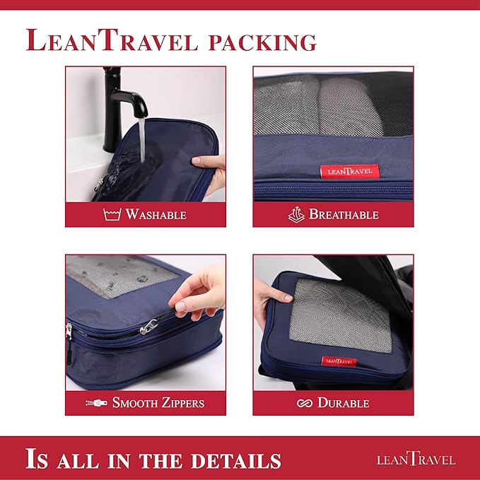 LeanTravel Compression Packing Cubes for Travel Organizers with Double Zipper 4 pack - Navy Color