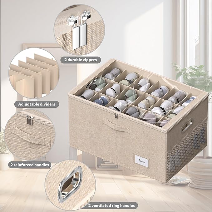 Shoe Organizer for Closet, Shoe Box Storage Containers Fit 18 Pairs Foldable Shoe Storage Bins with Clear Cover & Adjustable Dividers for Shoes Blankets Linen Clothing (Beige, (24.4*16.5*12.9)x1)