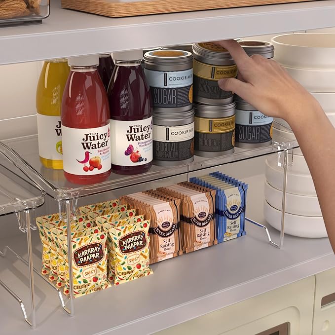2 Pcs Cabinet Organizer Shelf, Stackable Kitchen Counter Shelves, Spice Rack,Countertop Organizers, Clear Plastic Storage Shelves Rack for Makeup,Bathroom,Cupboard,Desk,Pantry Organization