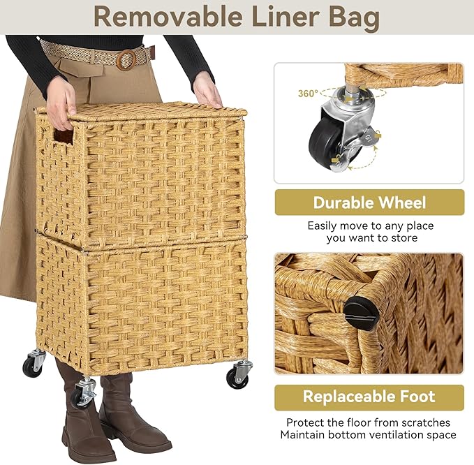 Chrislley 90L Slim Laundry Hamper with Wheels, Rolling Laundry Basket with Lid and Renovable Liner Bag, Handwoven Rattan Organizer for bedroom, bathroom, laundry room (Yellow)